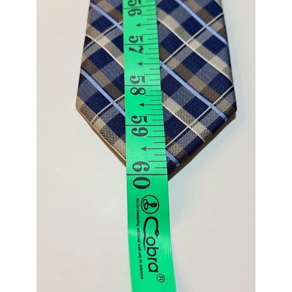 Michael Kors Necktie Navy Blue‎ Tan Plaid Silk Blend Classic Business Tie
